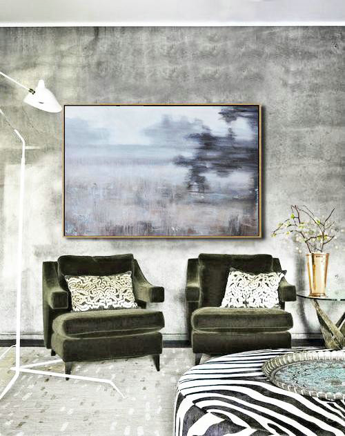 Large Abstract Art Handmade Oil Painting,Horizontal Abstract Landscape Oil Painting On Canvas,Modern Art White,Grey,Brown,Black